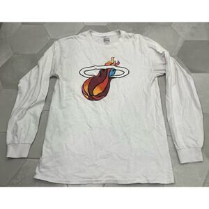 Mens Medium Miami Heat Shirt L/S Graphics Front And Back White EUC 21” Chest